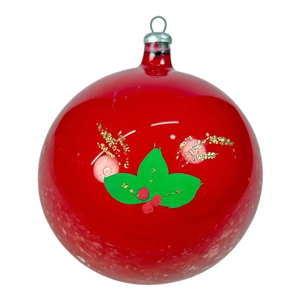 Vintage 3” Red Glass Floral Hand Painted Flowers Christmas Ornament Ball